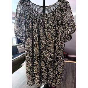 Apt 9 Woman 1X Black White Paisley Chiffon Smocked Short Sleeve Blouse Top Lined